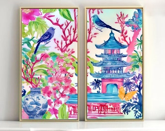 Grandmillennial art, chinoiserie panels, set of two
