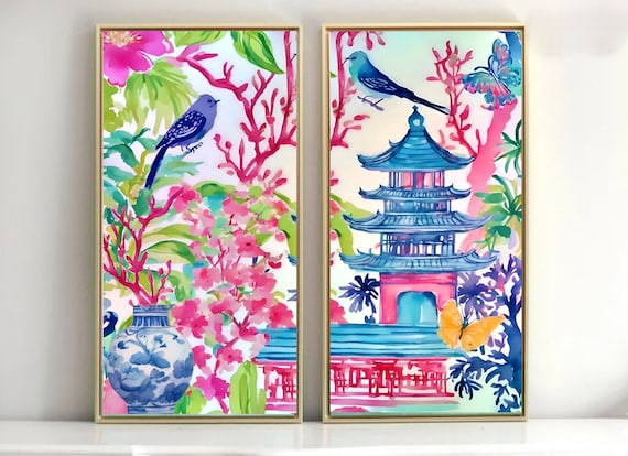 Grandmillennial art, chinoiserie panels, set of two