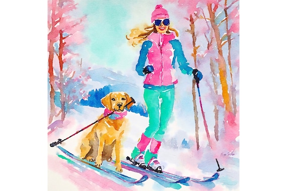 Ski painting, ski art, a preppy girl and golden retriever skiing