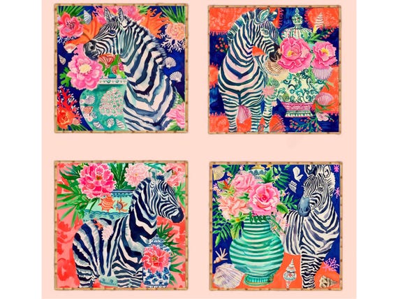 Chinoiserie Zebra Art Prints: Pagoda Garden Watercolor Set of 4