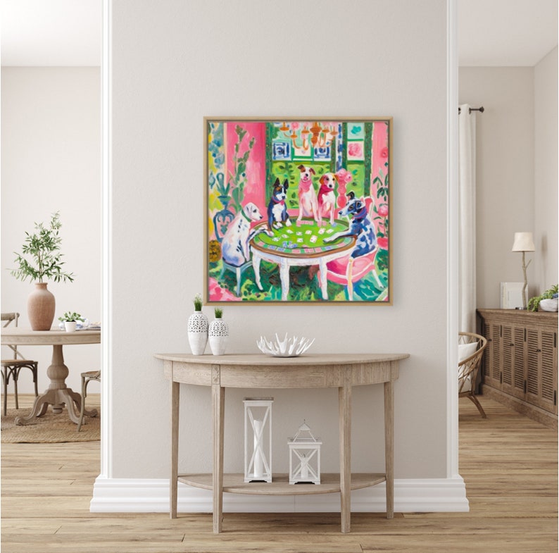 May include: A painting of five dogs playing cards around a green table in a pink room. The dogs are wearing collars and are sitting on chairs. The room has a pink wall and a green floor. There is a chandelier hanging from the ceiling.