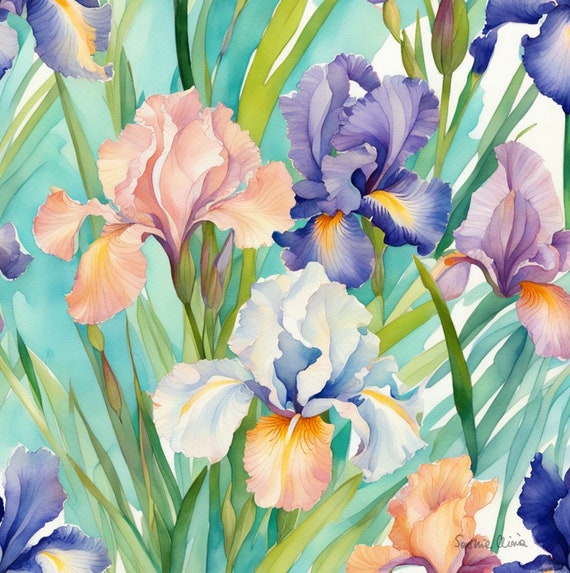 Large Irises Watercolor Painting: Botanical Art, 80x80 cm