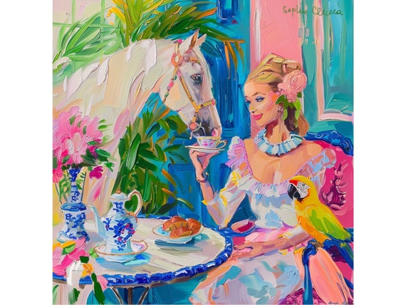 Grandmillennial art, Tea with a White Horse, oil painting