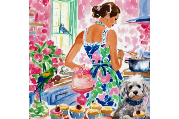 Grandmillennial art, Little Helpers, preppy girl art