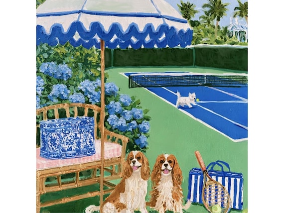 Preppy tennis club dog art print,  Palm Beach Tennis signed giclee