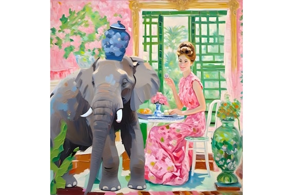 Grandmillennial art, whimsical animals, preppy painting