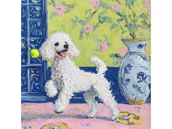 Grandmillennial art, Catching a ball, whimsical poodle art