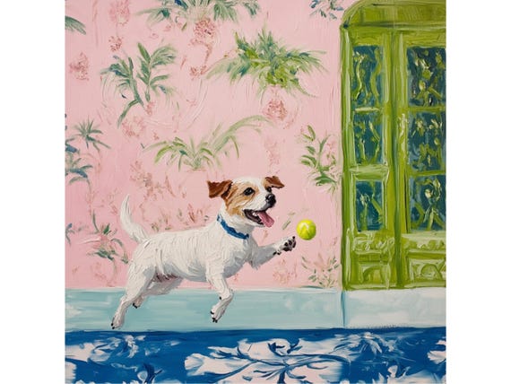 Grandmillennial art, Jack Russell chasing tennis ball in chinoiserie interior, oil painting