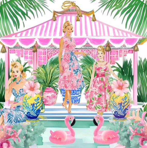 Grandmillennial art, Party in pink cabana , printable file