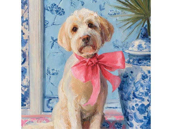 Grandmillennial art, A Pink Bow, Labradoodle in  chinoiserie interior, whimsical dog art