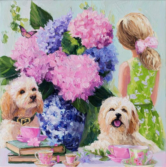 Grandmillennial Art Print, Hydrangea Garden Tea Scene, Whimsical Dog Painting, Sophie Clima