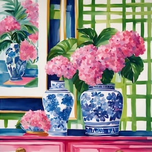 Grandmillennial art, Hydrangea flowers in preppy chinoiserie interior art print