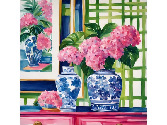 Grandmillennial art, Hydrangea flowers in preppy chinoiserie interior art print