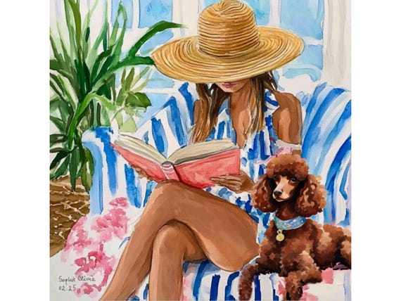 Grandmillennial art, In the reading room, whimsical poodle art