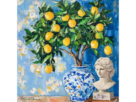 grandmillennial art, Still life with lemon tree in ginger jar,  oil painting