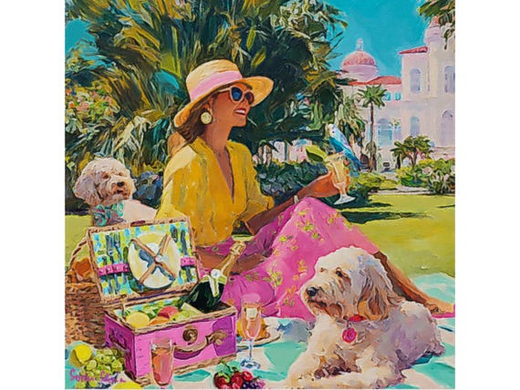 Palm Beach Picnic Art Print: Preppy Lady, Dogs & Parrot