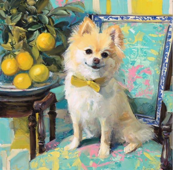 Grandmillennial art, Pomeranian in preppy chinoiserie interior, whimsical fine art