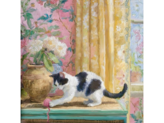 Grandmillennial art, Coastal chinoiserie cat playing with a ball of wool