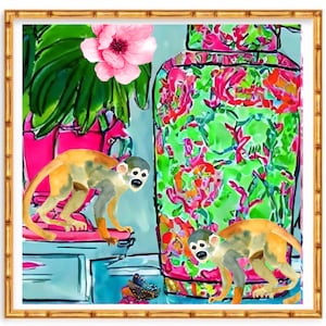 Grandmillennial art, Cheeky monkeys,  preppy chinoiserie watercolor and markers