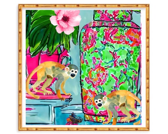 Grandmillennial art, Cheeky monkeys,  preppy chinoiserie watercolor and markers