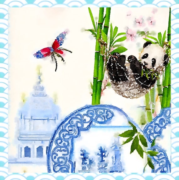 Watercolor Panda Print: Chinoiserie Plates, Grandmillennial Art