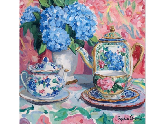 grandmillennial art, Still life with blue hydrangea,  oil painting