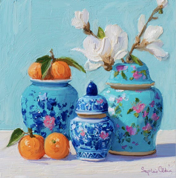 Ginger jar with magnolia and persimmon signed giclee print