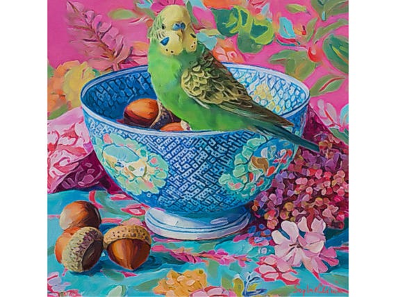 Grandmillennial art, green budgie on blue and white chinoiserie bowl, whimsical fine art