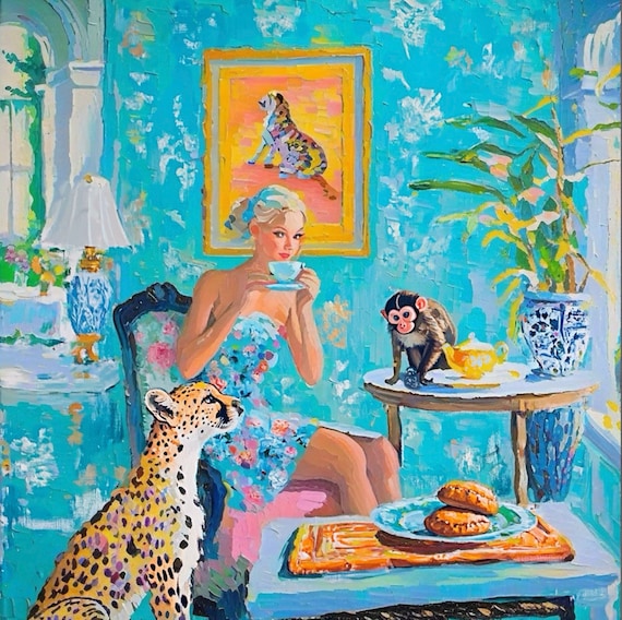 Grandmillennial art, Tea in turquoise and orange room, whimsical fine art