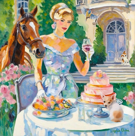 Grandmillennial art,Garden party, whimsical fine art