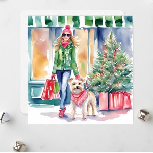 Tarjeta navideña: niña y su Terrier haciendo compras navideñas