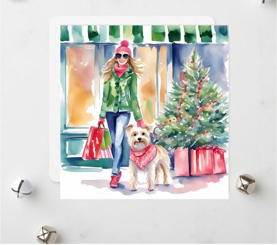 Holiday Christmas card: girl and her Terrier doing Christmas shopping