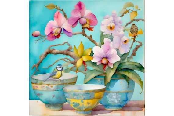 Ginger jar watercolor with orchid flowers original painting, 1mx1m