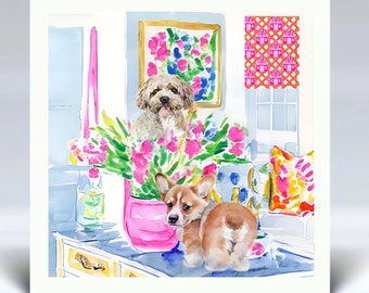 Grandmillennial art, Dogs and a bunch of tulips in preppy interior