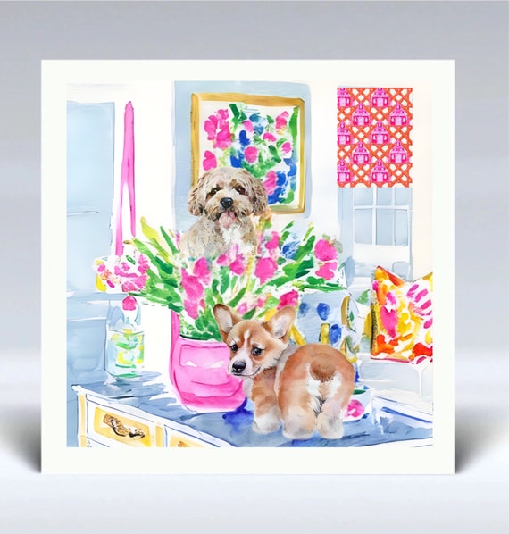 Grandmillennial art, Dogs and a bunch of tulips in preppy interior
