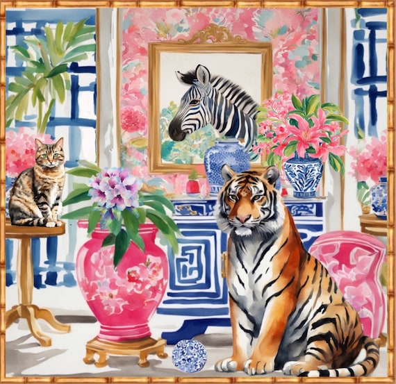 Grandmillennial art, Tiger and tabby cat in chinoiserie interior art print