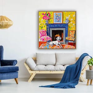 Original watercolor and ink sketch, Lurcher dog in yellow chinoiserie interior, 40x40cm bild 4