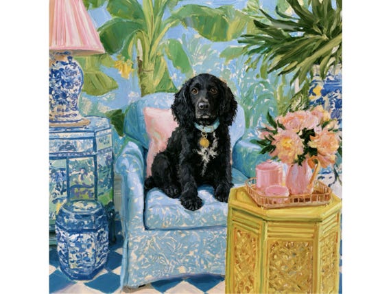 Boykin Spaniel in blue and white garden room, signed print