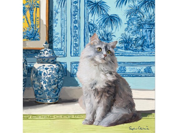 Whimsical Siberian Cat Art Print: Grandmillennial Blue Interior