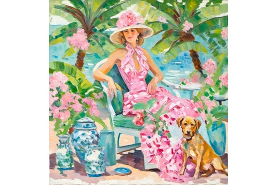 Grandmillennial art, Palm Beach afternoon, preppy painting