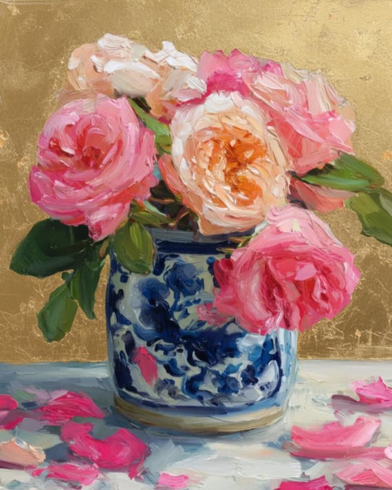 Tea Roses in ginger jar on gold leaf background