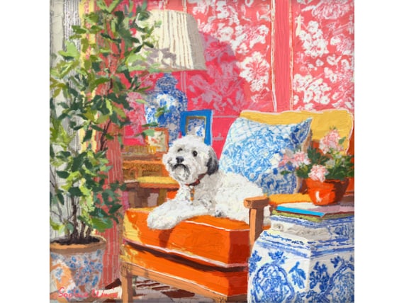 Grandmillennial art, Multipoo in orange chinoiserie interior, whimsical fine art