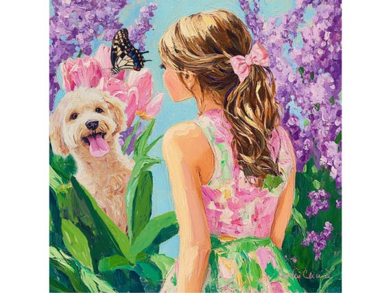 Grandmillennial art, Encounter in a lilac garden, whimsical fine art