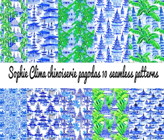 Watercolor chinoiserie pagodas seamless digital paper mega bundle, 10 designs, commercial use, for sublimation