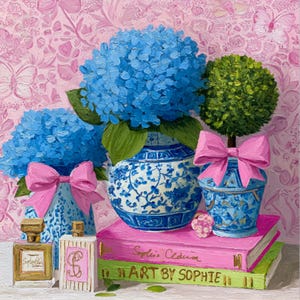 Blue Hydrangea & Ginger Jar Giclée Print: Grandmillennial Wall Art