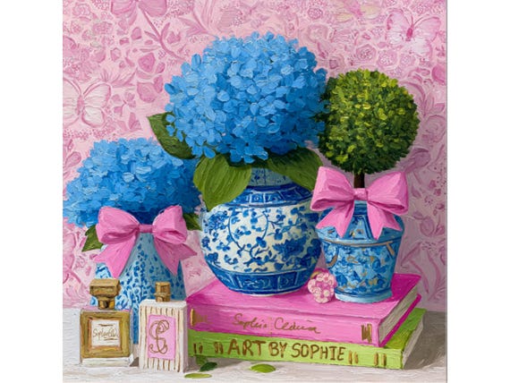 Blue Hydrangea & Ginger Jar Giclée Print: Grandmillennial Wall Art