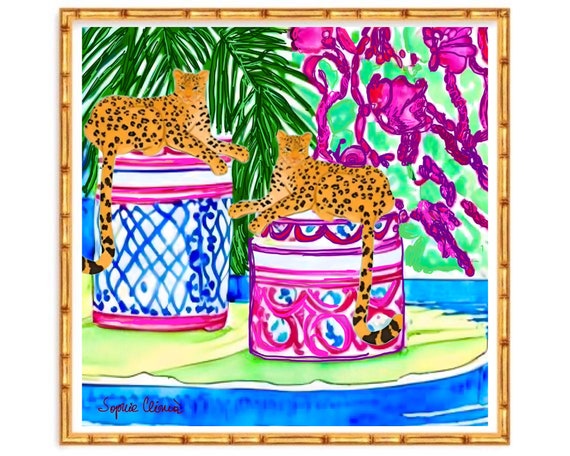 Grandmillennial art, Instant download preppy cheetahs and chinoiserie jars