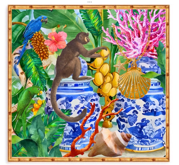 Grandmillennial art, Monkey, parrors and chinoiserie jars in tropical garden art print