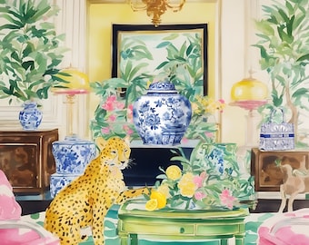 May include: A leopard print figurine sits on a green and white striped rug in a room with a blue and white porcelain vase, a pink and white floral arrangement, and a green end table.