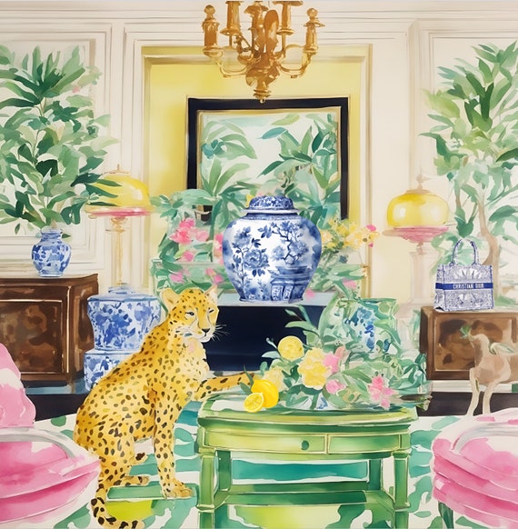 Grandmillennial art, Cheetah stealing lemons art print